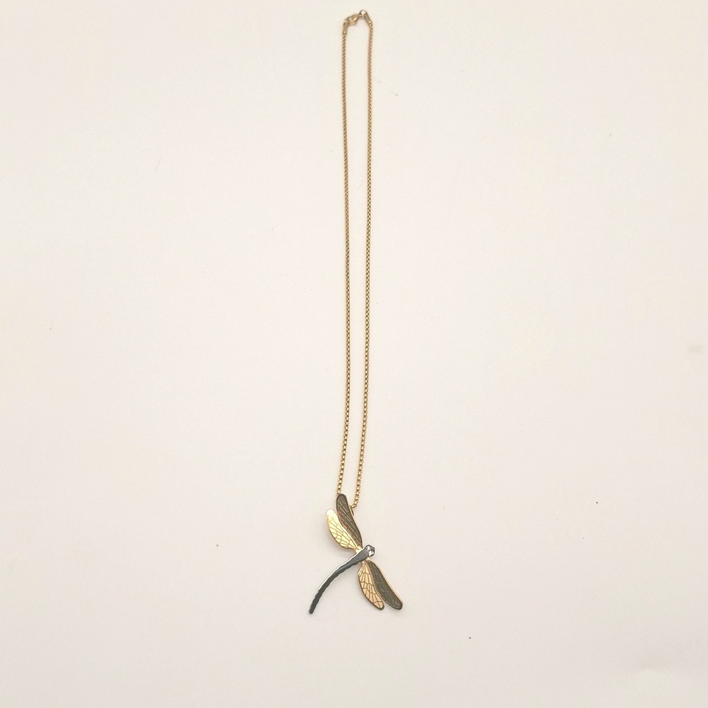 Dragonfly Pendant Necklace Gold Tone Stainless Steel 20 Inch Box Chain Crystal